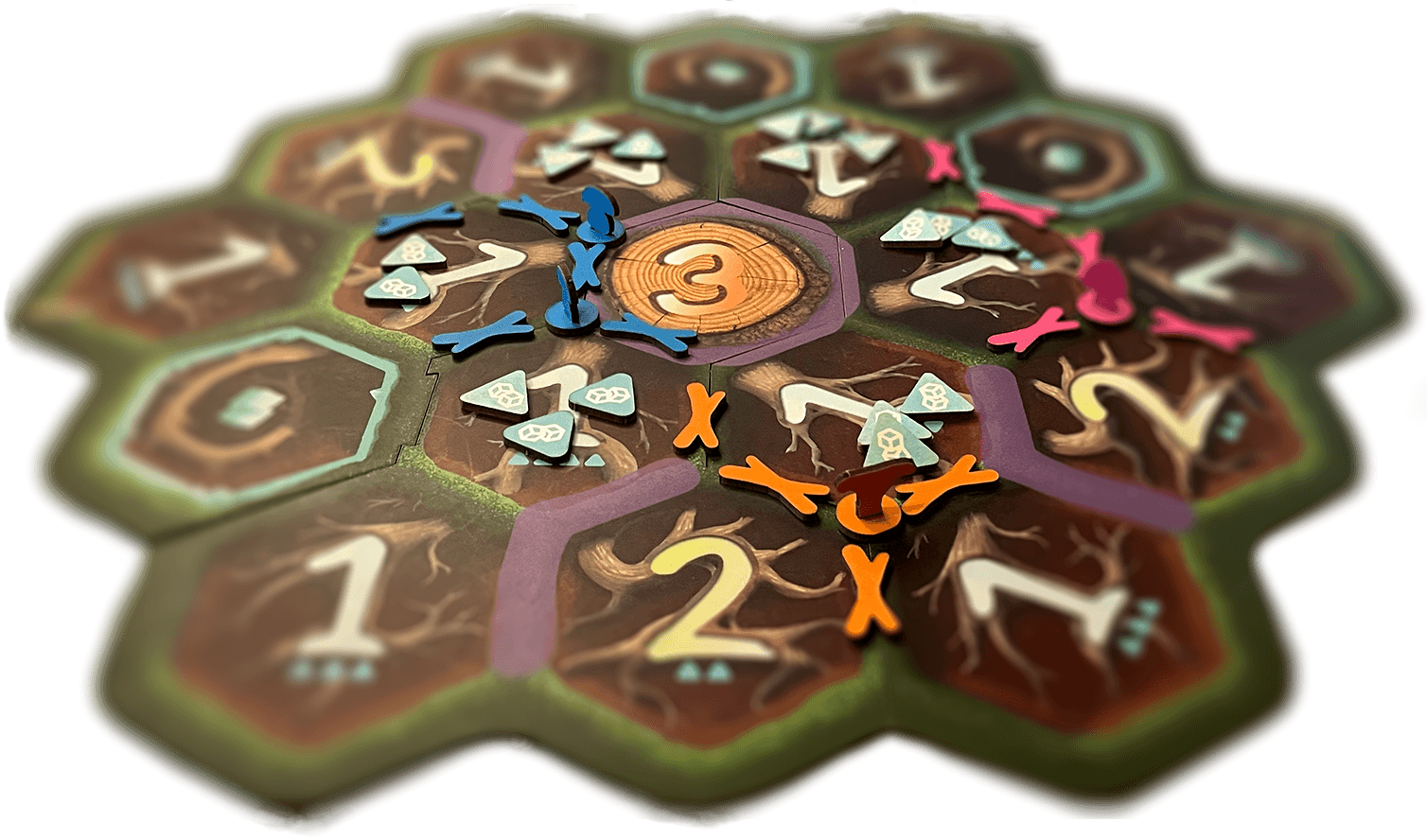 Fungopia board game layout showing hexagonal tiles, mushroom tokens, and mycelial network player boards