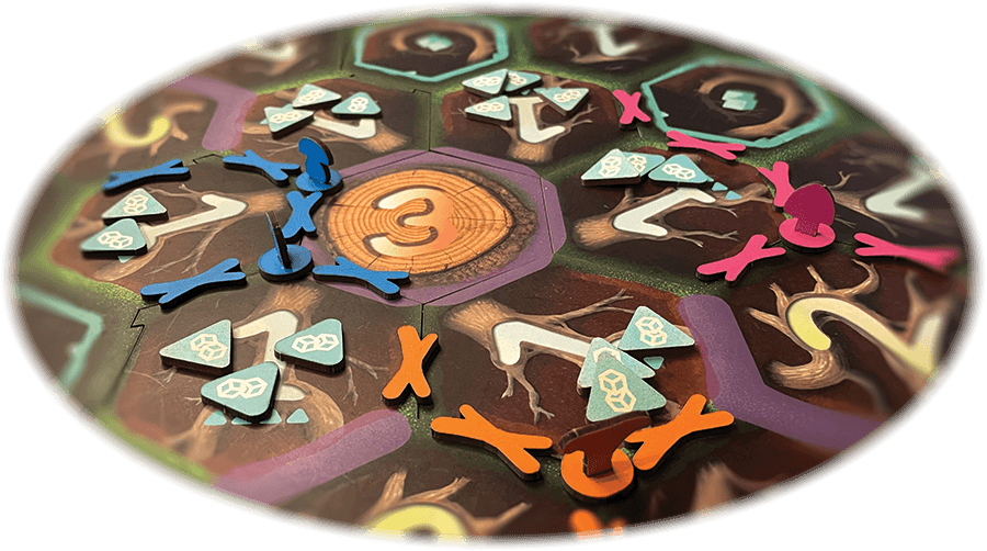 Close-up of Fungopia game board showing gameplay elements and strategic formations